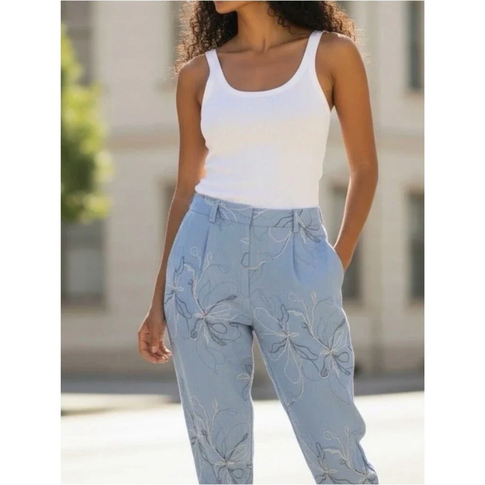 Zara Light Blue Floral Embroidered Linen Blend Ankle Pants High Rise size Small
